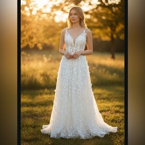 Ivory a line whimsical prom dress with 3-D butterflies and sequins size 4-6